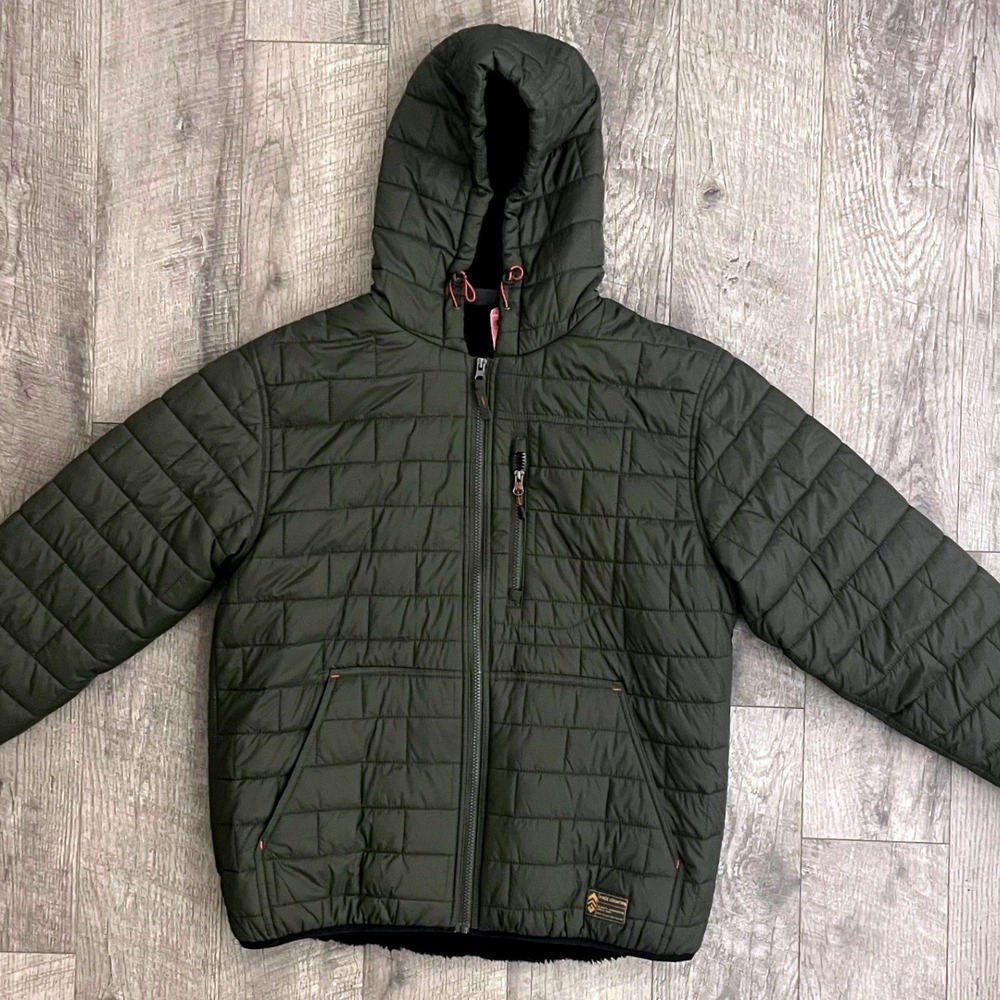 Free Country Mens Olive Green Fleece Lined Hooded Quilted Puffer Jacket